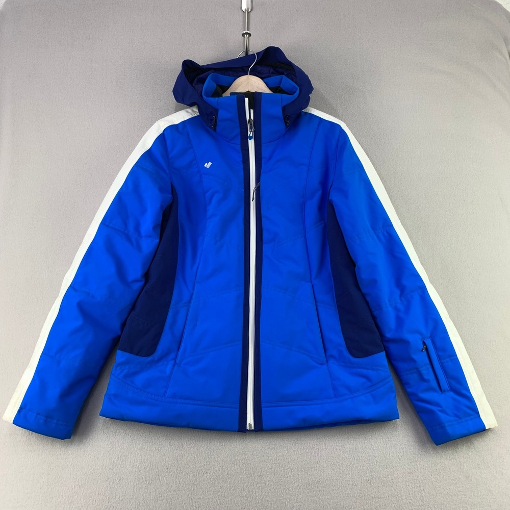 Obermeyer Ski Jacket Women 10 Blue White Hooded Insulated Full Zip Coat Winter